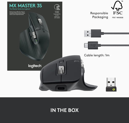 Logitech MX Master 3S - Wireless Performance Mouse with Ultra-fast Scrolling, Ergo, 8K DPI, Track on Glass, Quiet Clicks, USB-C, Bluetooth, Windows, Linux, Chrome - Graphite