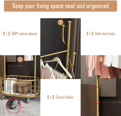 BEROZA Coat Rack, Metal Coat Rack With Hooks, Cactus Coat Rack Shelf With Rolling Wheels For Living Room, Balcony, Bathroom, Cloakroom. (Gold)