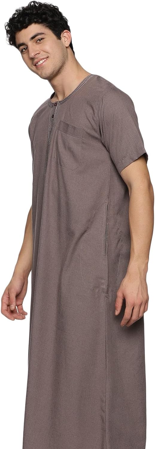 Men's Round Neck Short Sleeves Jalabiya | Breathable Kaftan Style Thobe for Comfort & Elegance