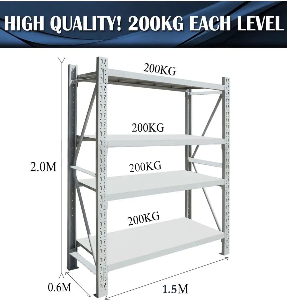 Garage Shelving Units Heavy Duty Racking Shelves for Storage 200KG White and Blue 4 Tier (200KG Per Shelf) 875KG Capacity For Workshop, Shed, Office 5 Year Warranty (2mx1.5x0.60m)