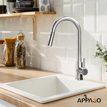 APPASO Kitchen Faucet with Pull Down Sprayer - Single Handle One Hole High Arc Pull Out Kitchen Sink Faucets with Deck Plate, Brushed Nickel, APS220BN