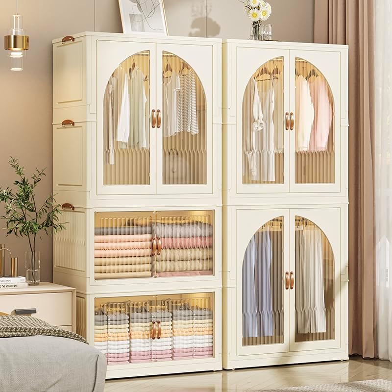 Organized Home Portable Kids Closet Children's Wardrobe Collapsible Plastic Baby Clothes Large Cabinet Bedroom Quick Install Toddler Dresser with Hanging Rod and Door (Wardrobe + 2 Tier Folding box)