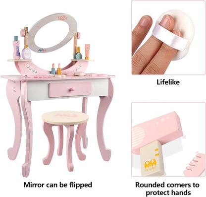 Wooden Dresser Table And Stools, Dressing Table, Role Play Toy, Makeup Toys,Kids Little Princess Rapunzel Wooden Vanity Set with Mirror and Chair (WHITE)