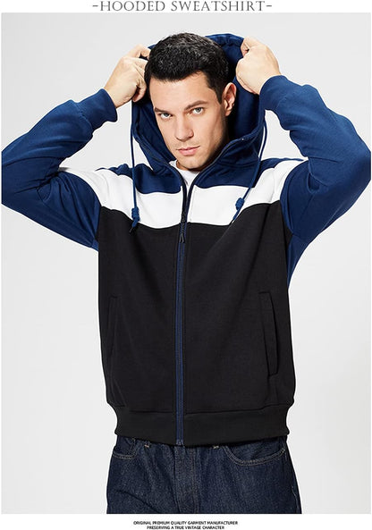 DUOFIER Men's Hoodies Zip Front Sweatshirt Color Blocking Hooded