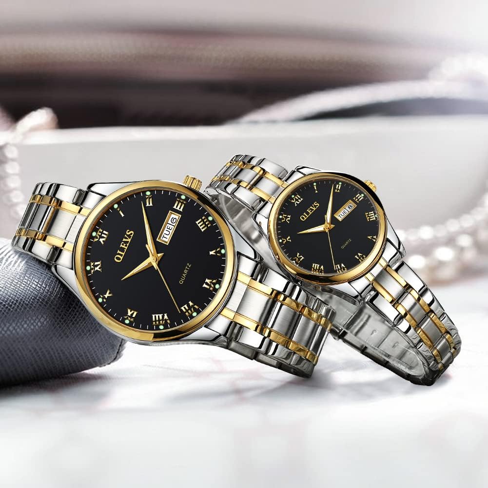 OLEVS His and Her Couple Watches Business Men Women Couple Set Pair Watch Matching Romantic Quartz Stainless Steel Waterproof Date