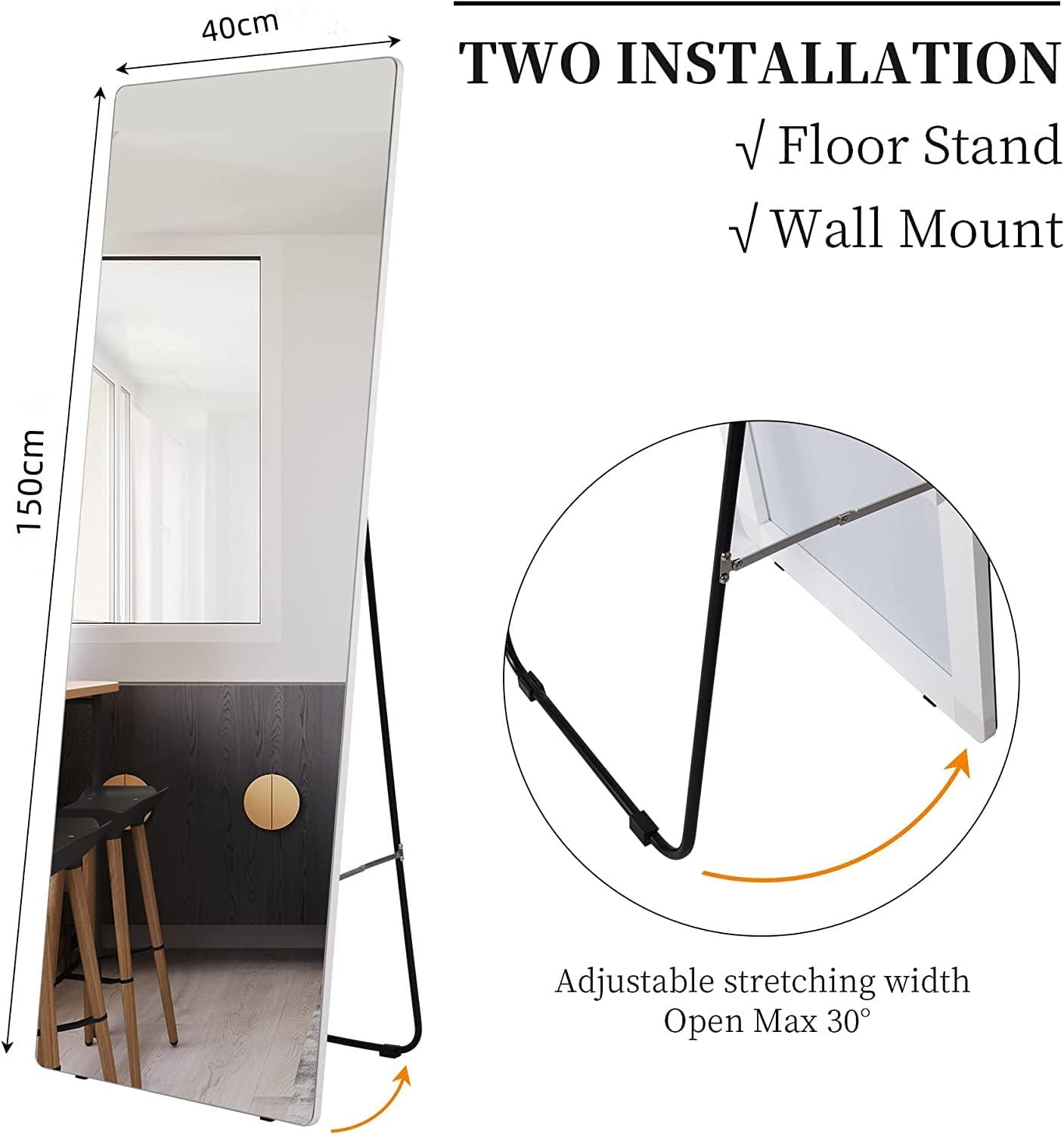 ORCHID M®Dressing Mirror Full Length Mirror ,150 x 40 cm,Hanging Vertical Or Inclined Floor Mirror (With Bracket), Bedroom Mirror, Wall Mounted Mirror, Aluminum Alloy Frame (Black)