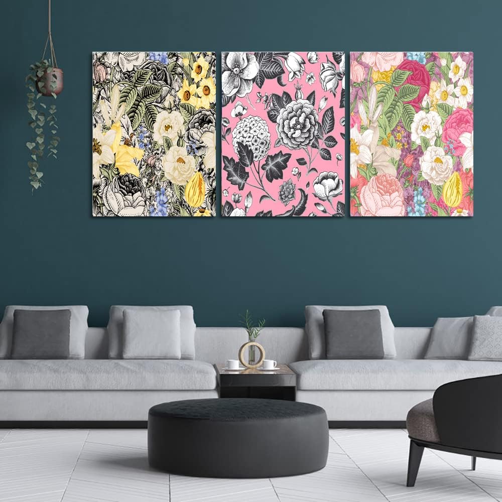 UNBRUVO Modern Flower Canvas Poster Prints Abstract Floral Wall Art Painting Pictures Office Home Decor 3 Pieces Framed Art Print Decoration Artwork for Living Room Bedroom(36”Wx16”H)