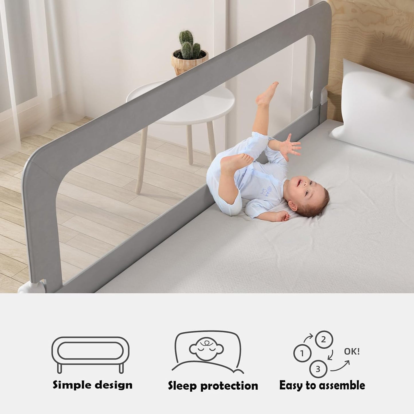 Toddlers Bed Rails,Infant Bed Crib Rail Guard,Baby Swing Down Bed Rail Guard,Reinforced Safety Bed Crib Fence Protector Rail,Kids'Bed Rails&Rail Guards for Queen King Twin Bed,1Side (2m, Grey)