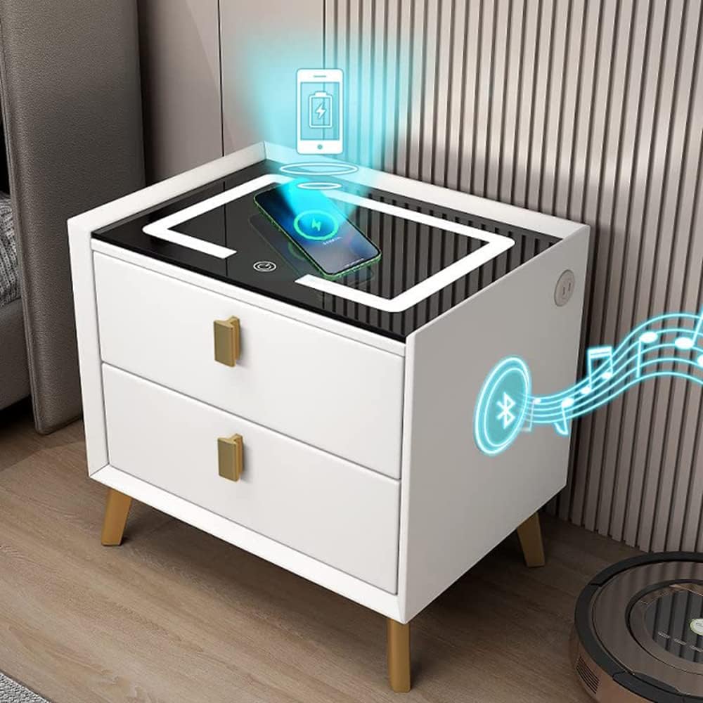 Smart Bedside Table,Nightstand with Wireless Charging Station,Modern Night Stand with Adjustable LED Light,Side Table with USB Ports,for Living Room (50 * 40 * 46cm, White-Without Bluetooth speaker)