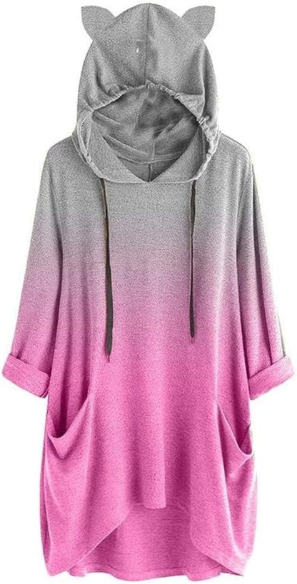 Women Long Sleeve Hoodies Sweatshirt Tops ❀ Ladies Gradient Color Cat Ear Pullover T-shirt Blouse Tunic Tops with Cap