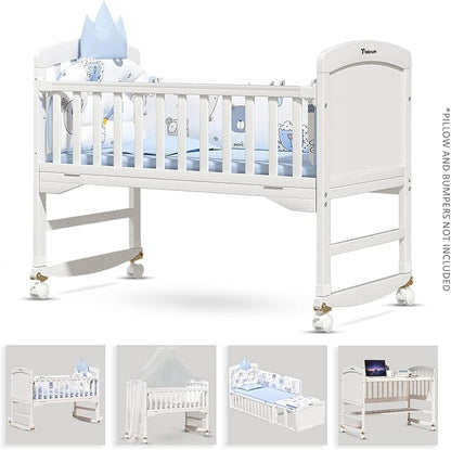 TEKNUM - 7-in-1 Convertible Kids Bed & Bedside Crib w/Mattress, Mosquito net & Detachable Wheels(0-12yrs)-White