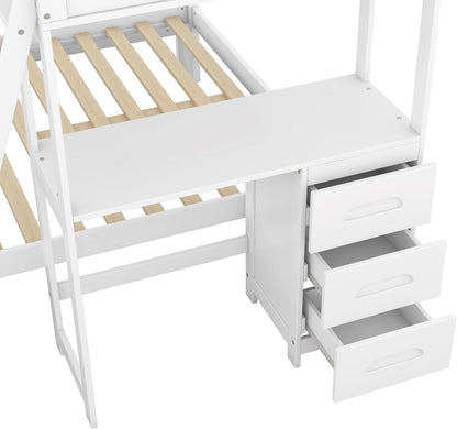 BIADNBZ Twin Over Full Bunk Bed with Built-in Desk and Three Drawers, Wooden Separated High Loftbed and Platform Bedframe, for Kids Teens Adults Bedroom, White