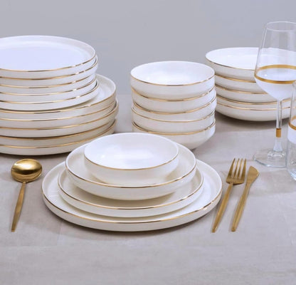 24 Piece Dinner Set for 6 People White Crockery with Gold Rim Scandinavian Porcelain Dinnerware Set - Famiware Pure Gold rim