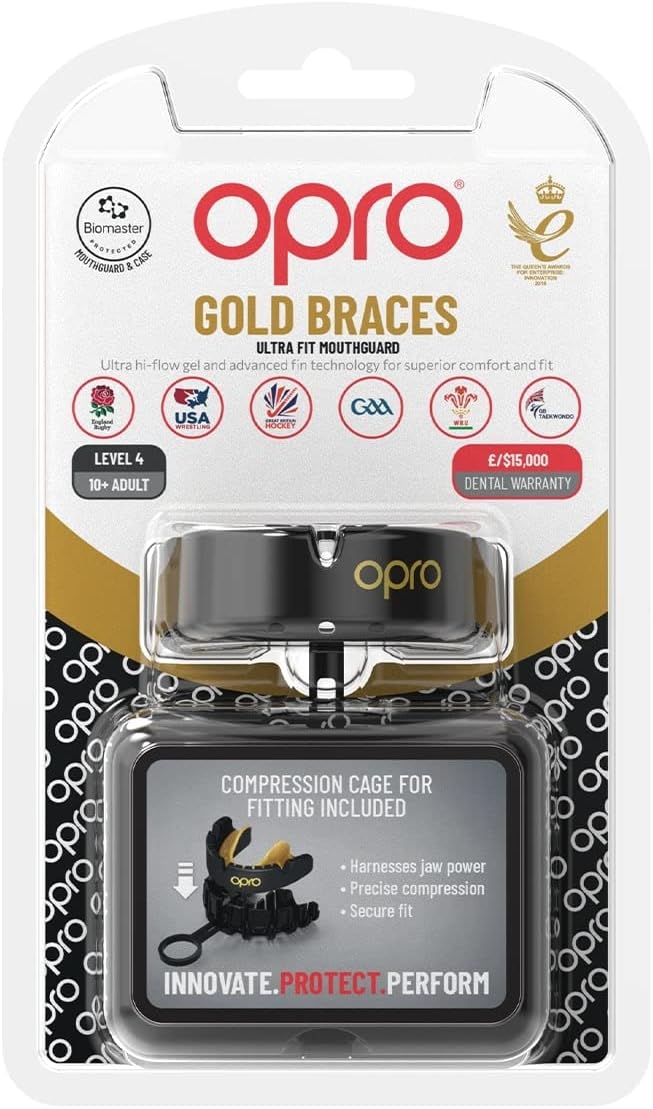 OPRO NEW Gold Braces Level Mouthguard, Adults Sports Mouth Guard, Featuring Revolutionary Fitting Technology for Boxing, Lacrosse, MMA, Martial Arts, Hockey, and All Contact Sports (Blue)