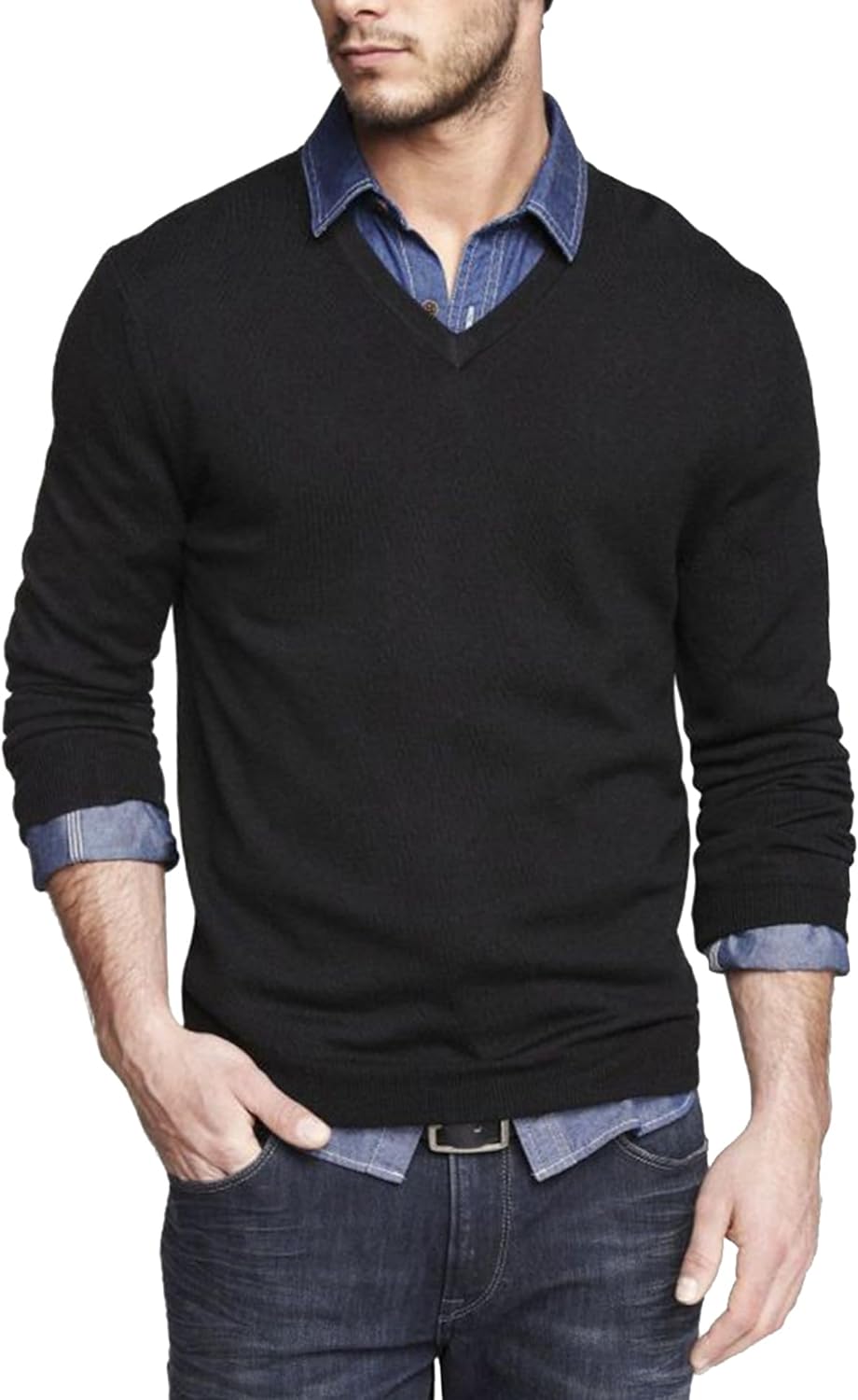 Coofandy Men Casual V Neck Sweater Ribbed Knit Slim Fit Long Sleeve Pullover Top