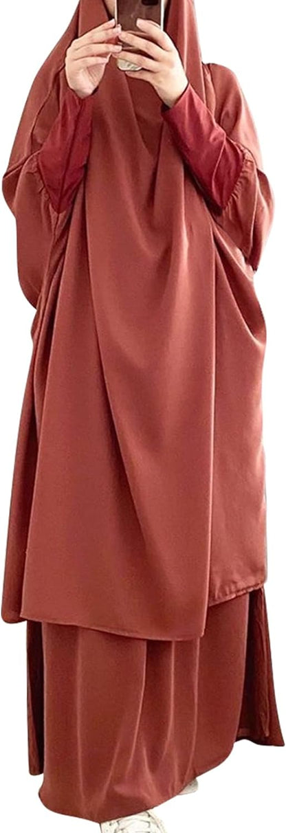 Women Muslim Abaya Maxi Skirt with Khimar Hijab Islamic Kaftan Dubai Wedding Prayer Clothes 2PCS Set