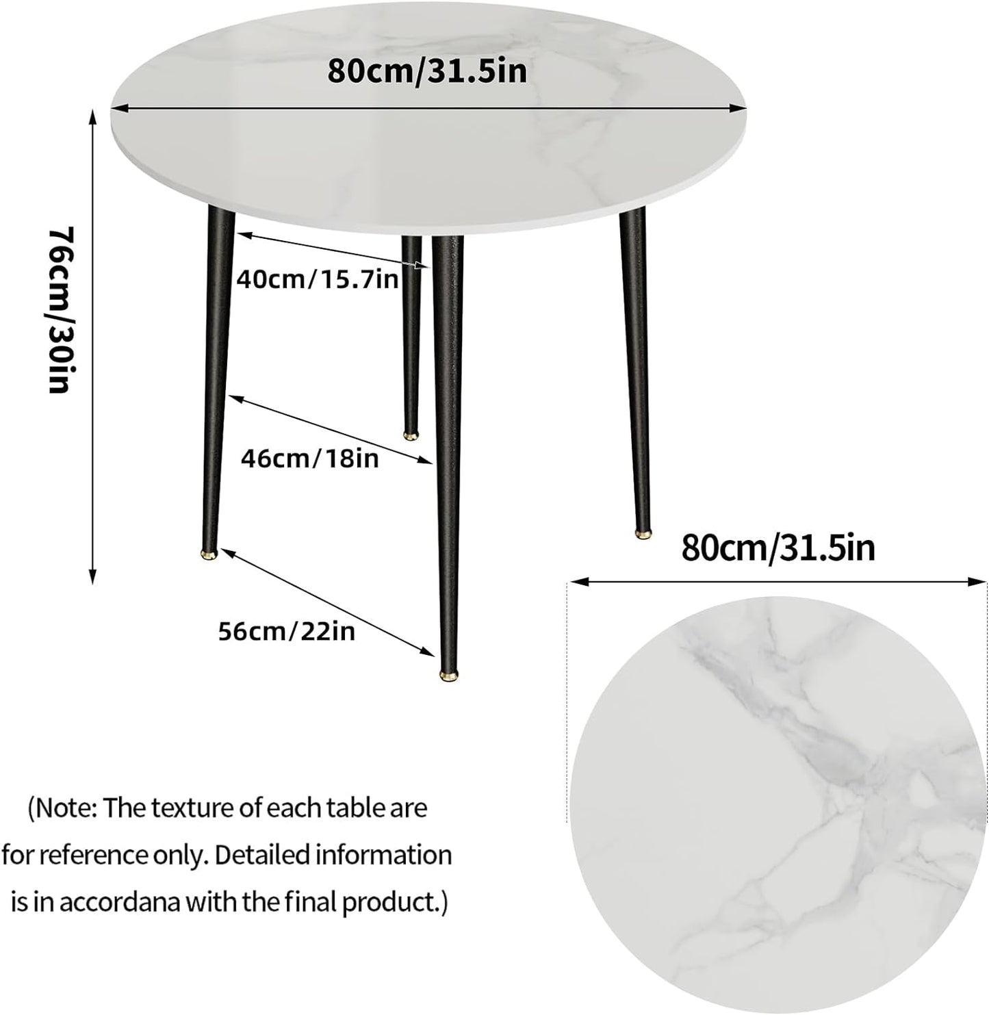 Kitchen Dining Table Round 80CM: Modern Sintered Stone Marble Effect Table Top with Tapered Metal Legs Breakfast Banquet Table for Dining Room, Restaurant, Living Room Furniture, 76cm Height, Grey