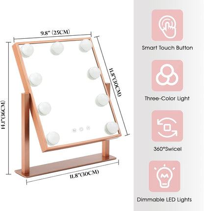 BWLLNI Lighted Makeup Mirror Hollywood Mirror Vanity Mirror with Lights, Touch Control Design 3 Colors Dimable LED Bulbs, Detachable 10X Magnification, 360°Rotation, White.