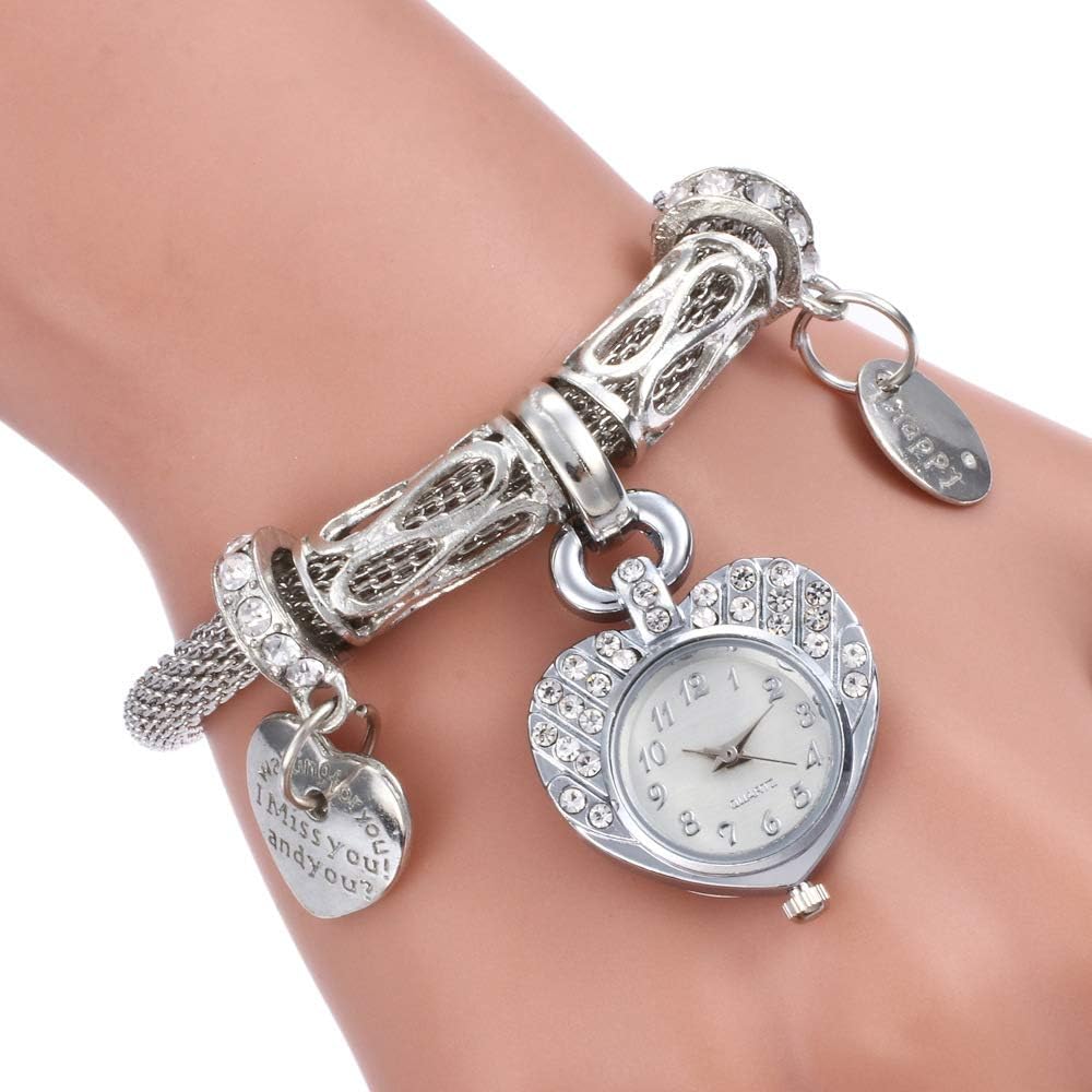 Goodern Heart Bracelet Watch,Ladies Heart Shaped Vintage Bracelet Watch Alloy Charm Bracelets Watch for Bangle Women,Bling Heart Chain Link Bracelet Watch for Women Valentines Gifts Party-Silver