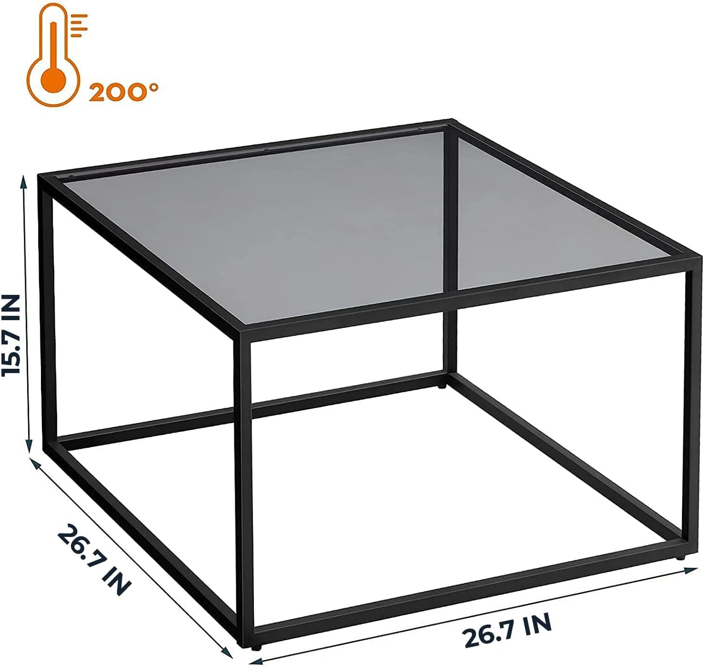 SAYGOER Glass Coffee Table, Small Modern Coffee Table Square Simple Center Tables for Living Room 26.7 x 26.7 x 15.7 Inches, Gray Black