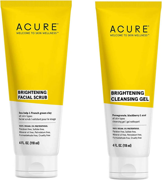 Acure Bestselling Duo Kit - Brightening Facial Scrub & Cleansing Gel - All Skin Types - Cleanse With Pomegranate, Blackberry & Acai - Scrub With Sea Kelp & French Green Clay