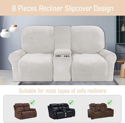 CULOTOL 8-Piece Velvet Stretch Loveseat Reclining Sofa Covers, Reclining Love Seat with Middle Console Slipcover, 2 seat Love Seat Recliner Cover, Thick, Soft, Washable (Black)