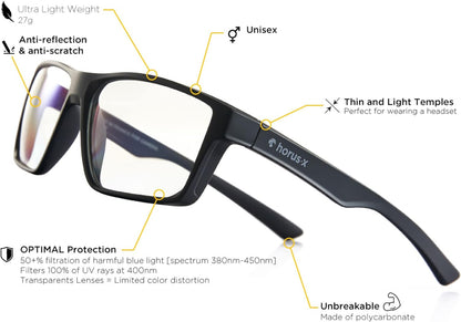 HORUS X • Blue Light Blocking Glasses - Gaming and Sunglasses - Anti-Fatigue & Eyestrain for Screens - Esport - Men and Women