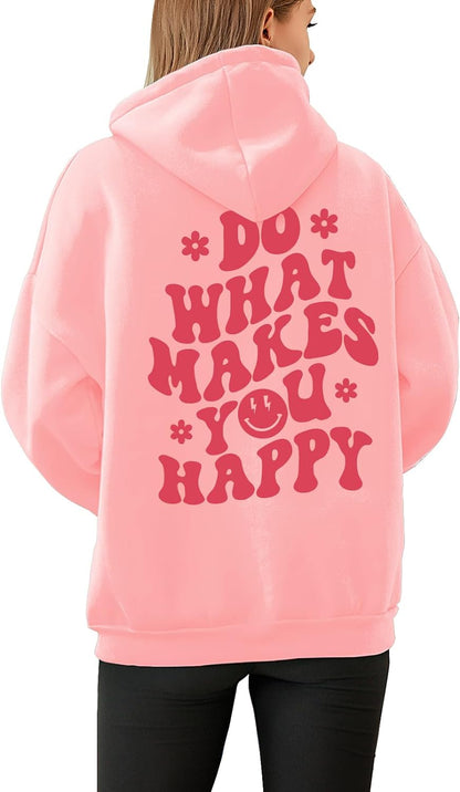 Tuislay Women Cute Graphic Oversized Hoodies Sweatshirts for Teen Girls Aesthetic Y2k Preppy Fleece Happy Hooded Pullover