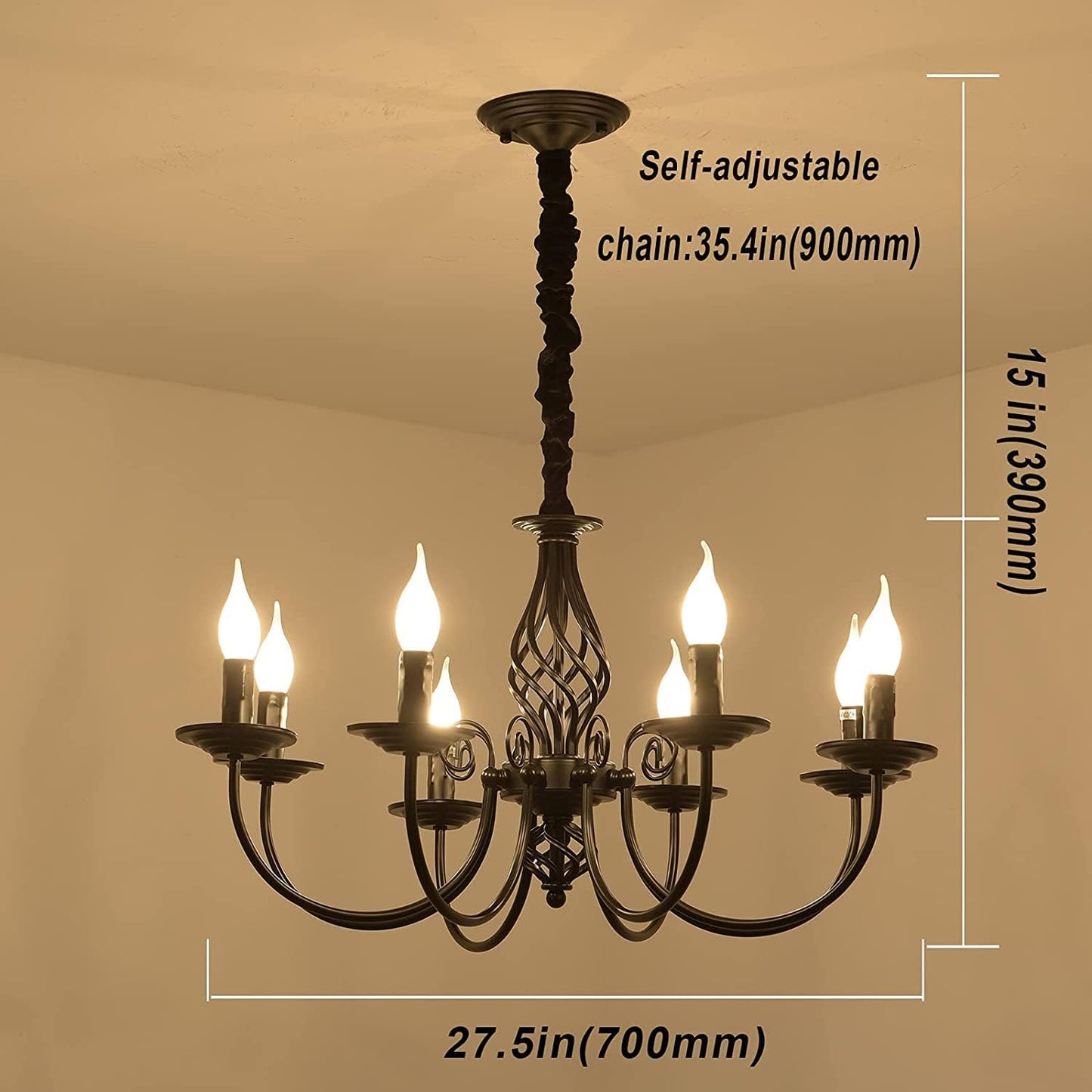 Ganeed French Country Chandeliers,8 Lights Industrial Farmhouse Pendant Light Fixture,Black Candle Ceiling Chandelier Height Adjustable for Living Room Bedroom Entryway Kitchen Island