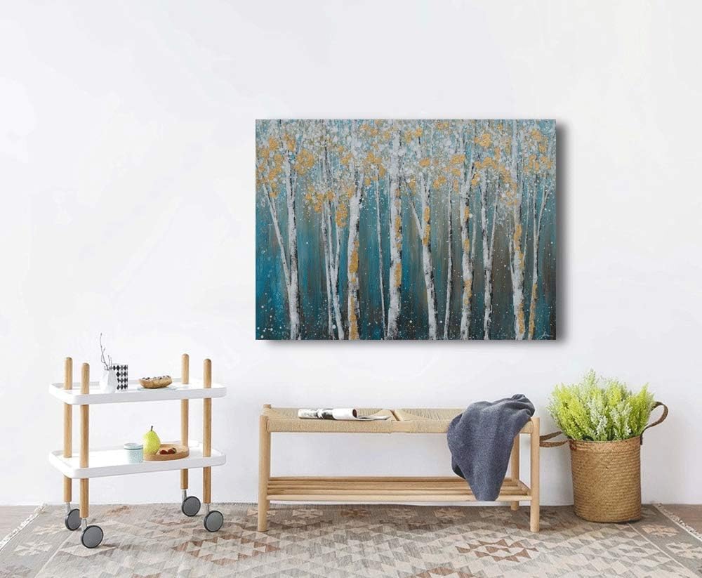 Yihui Arts Abstract Landscape Canvas Art Hand Painted 3D Tree Paintings with Gold Foil for Wall Decor Modern Artwork Pictures Living Room Bedroom Decoration