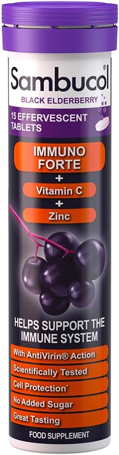 Sambucol Natural Black Elderberry Immuno Forte Effervescent Tablets, Vitamin C, Zinc, Immune System Booster, 15 Tablets