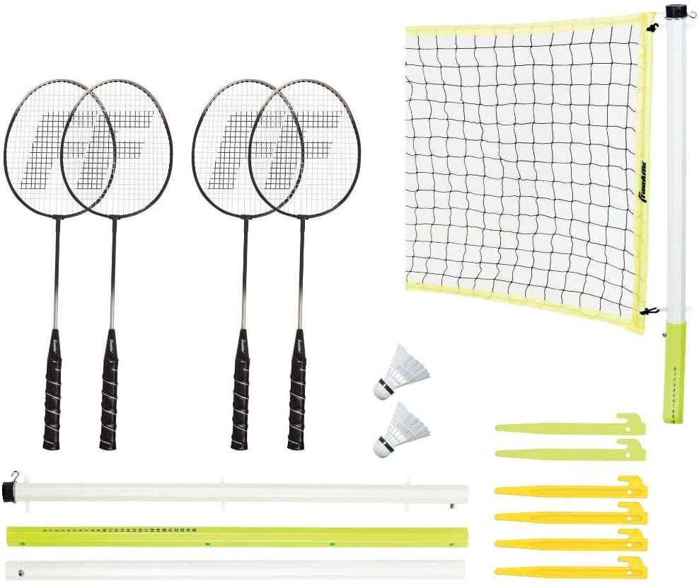 Franklin Sports Badminton Sets - Portable Badminton Nets + Rackets - Backyard Lawn + Beach Badminton Sets with (4) Steel Rackets + (2) Birdies Included - Adult + Kids Sets