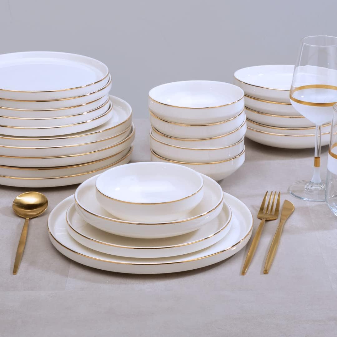 Zoha Pure Gold Edge Crockery Set 24 Pieces - Dinner Service for 6 People - White Crockery with Gold Rim - Scandinavian Crockery Set - Porcelain Crockery Set