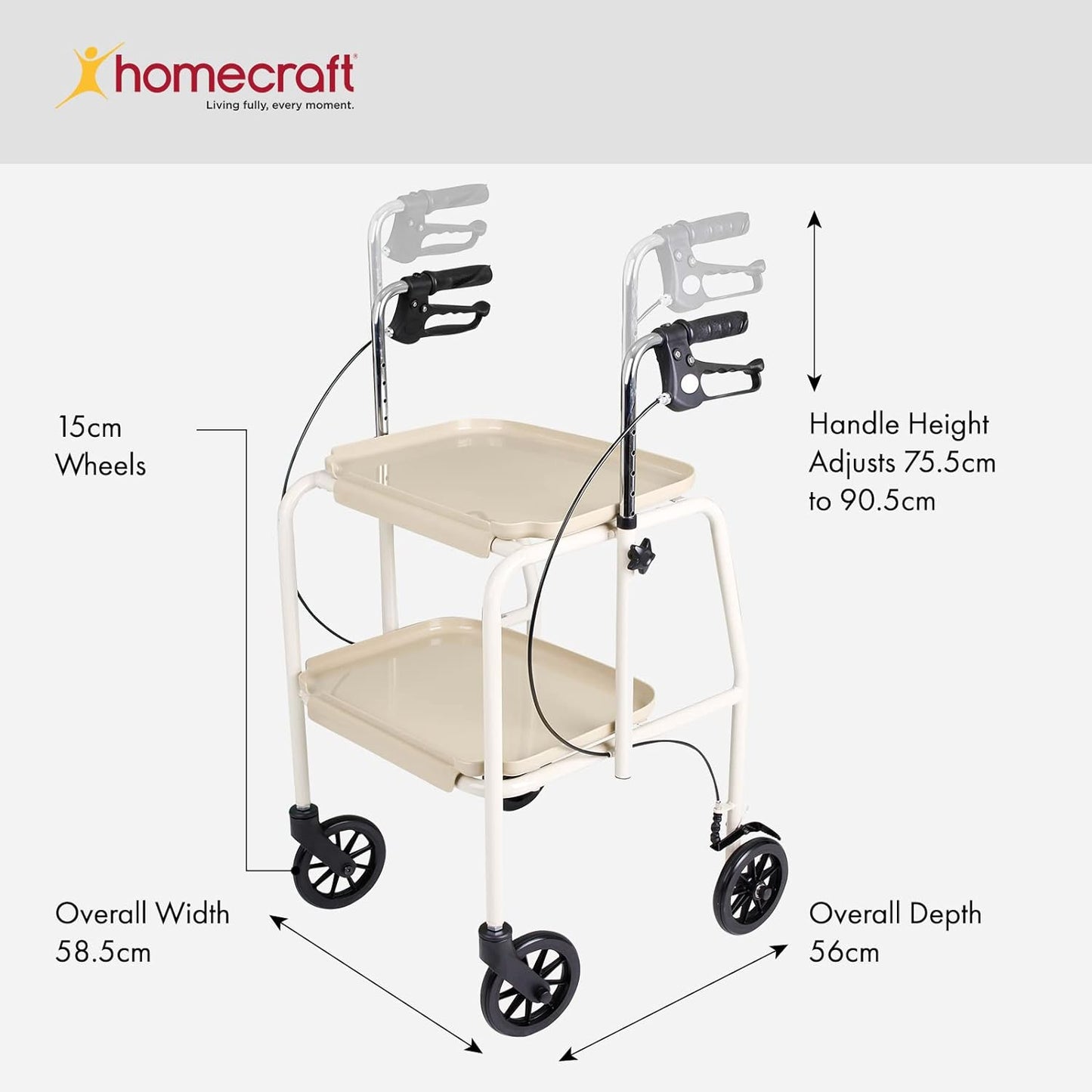 Homecraft Walker Trolley, Mobility Walker with Wheels, Mobility Aid with Built-in Trays for Carrying Personal Items, Sturdy Walking Device with Hand Brakes, Beige, Pack of 1