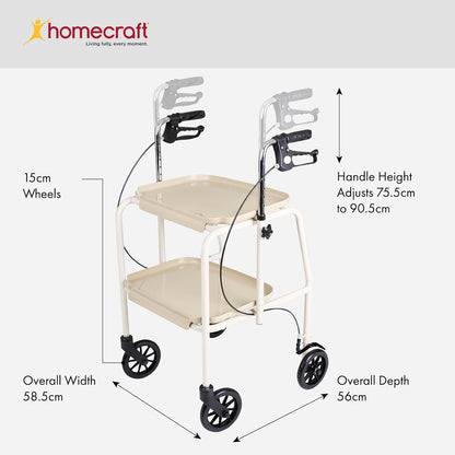 Homecraft Walker Trolley, Mobility Walker with Wheels, Mobility Aid with Built-in Trays for Carrying Personal Items, Sturdy Walking Device with Hand Brakes, Beige, Pack of 1