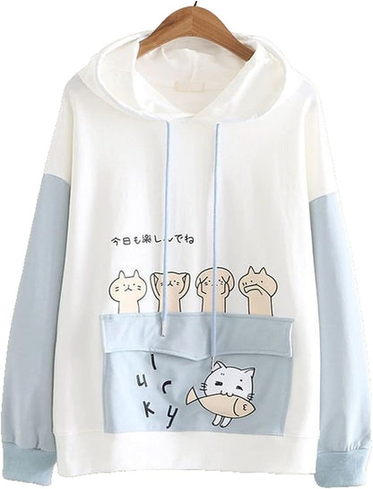 Zzple Kawaii Hoodie Sweater Thin Loose Color Matching Hooded Ears Japanese Girly Dress (Color : Pink, Size : M)