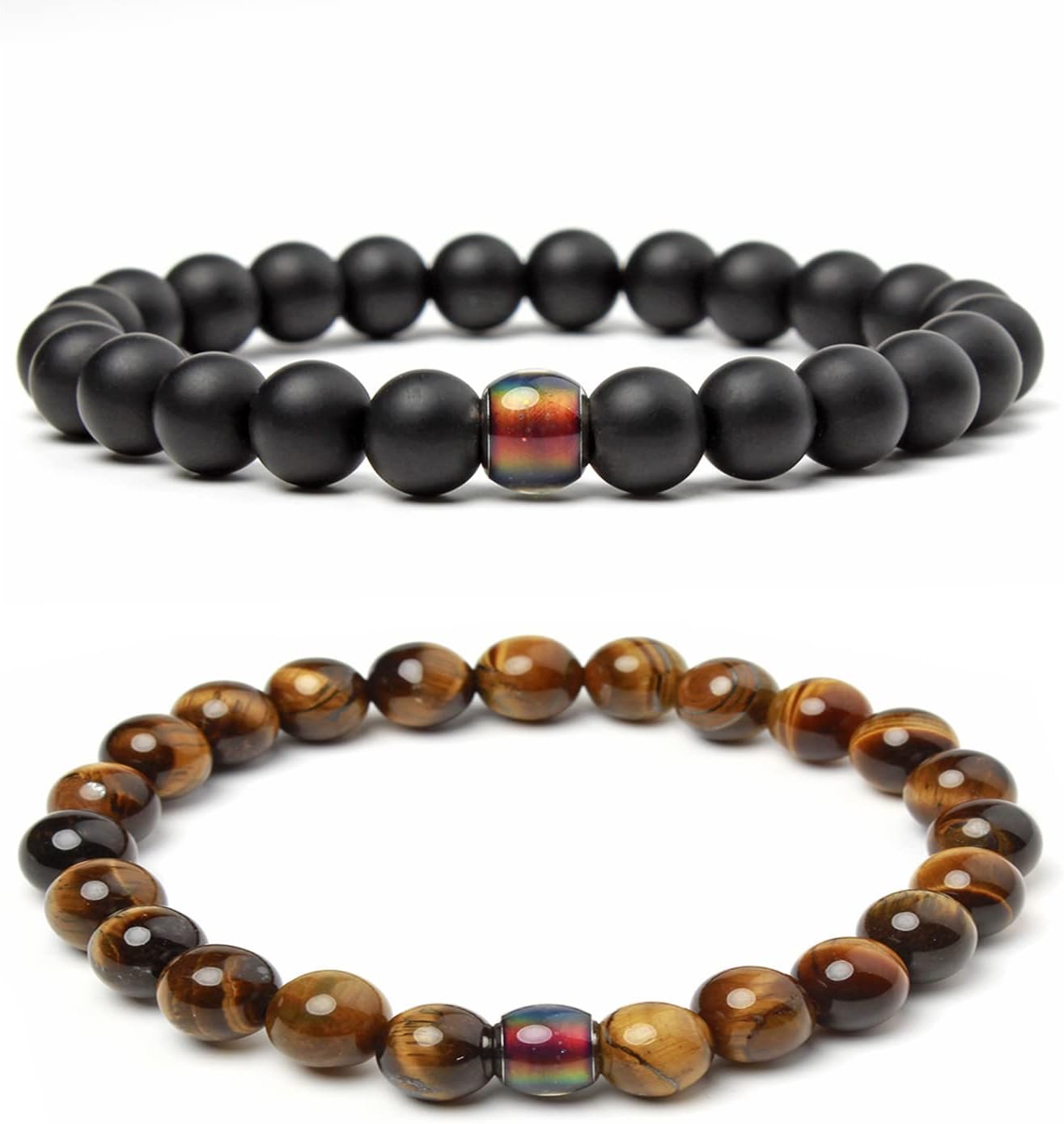 EVBEA 2PCS Mens Bracelet 8Mm Tiger Eye Lava Rock Anxiety Bracelets Long Distance Bangle Gifts For Matching Couples And Women