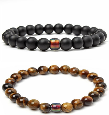 EVBEA 2PCS Mens Bracelet 8Mm Tiger Eye Lava Rock Anxiety Bracelets Long Distance Bangle Gifts For Matching Couples And Women