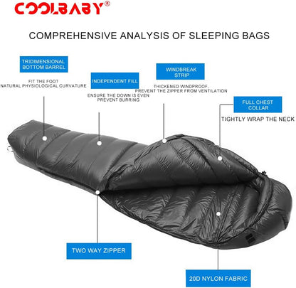 COOLBABY Ultralight Down Sleeping Bag Velvet Adult Outdoor Portable Four Seasons Warm Camping Travel Waterproof with Storage Bag,1500g Down Sleeping Bag,Black