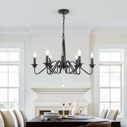 Ganeed French Country Chandeliers,8 Lights Industrial Farmhouse Pendant Light Fixture,Black Candle Ceiling Chandelier Height Adjustable for Living Room Bedroom Entryway Kitchen Island