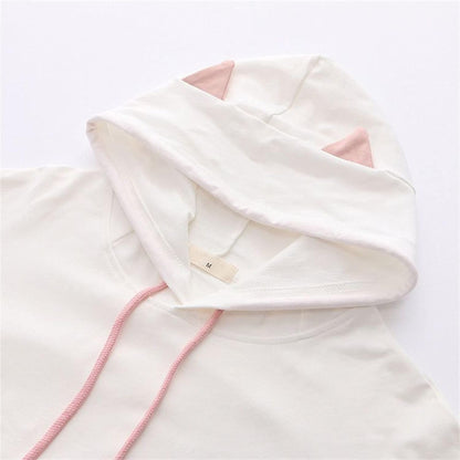 Zzple Kawaii Hoodie Sweater Thin Loose Color Matching Hooded Ears Japanese Girly Dress (Color : Pink, Size : M)