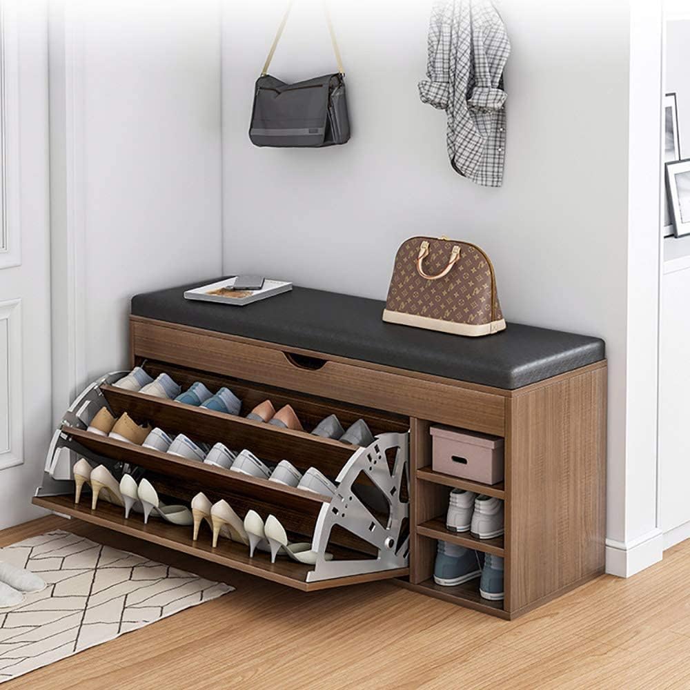 JOMILA Shoe Storage Bench with Hidden Shoe Rack, Leather Entryway Shoe Bench Seat Shoe Organizer Shoe Cabinet, Modern Entry Decorative Furniture-C-Brown 100 x30 x 50cm(24x12x20inch) (B-Black)