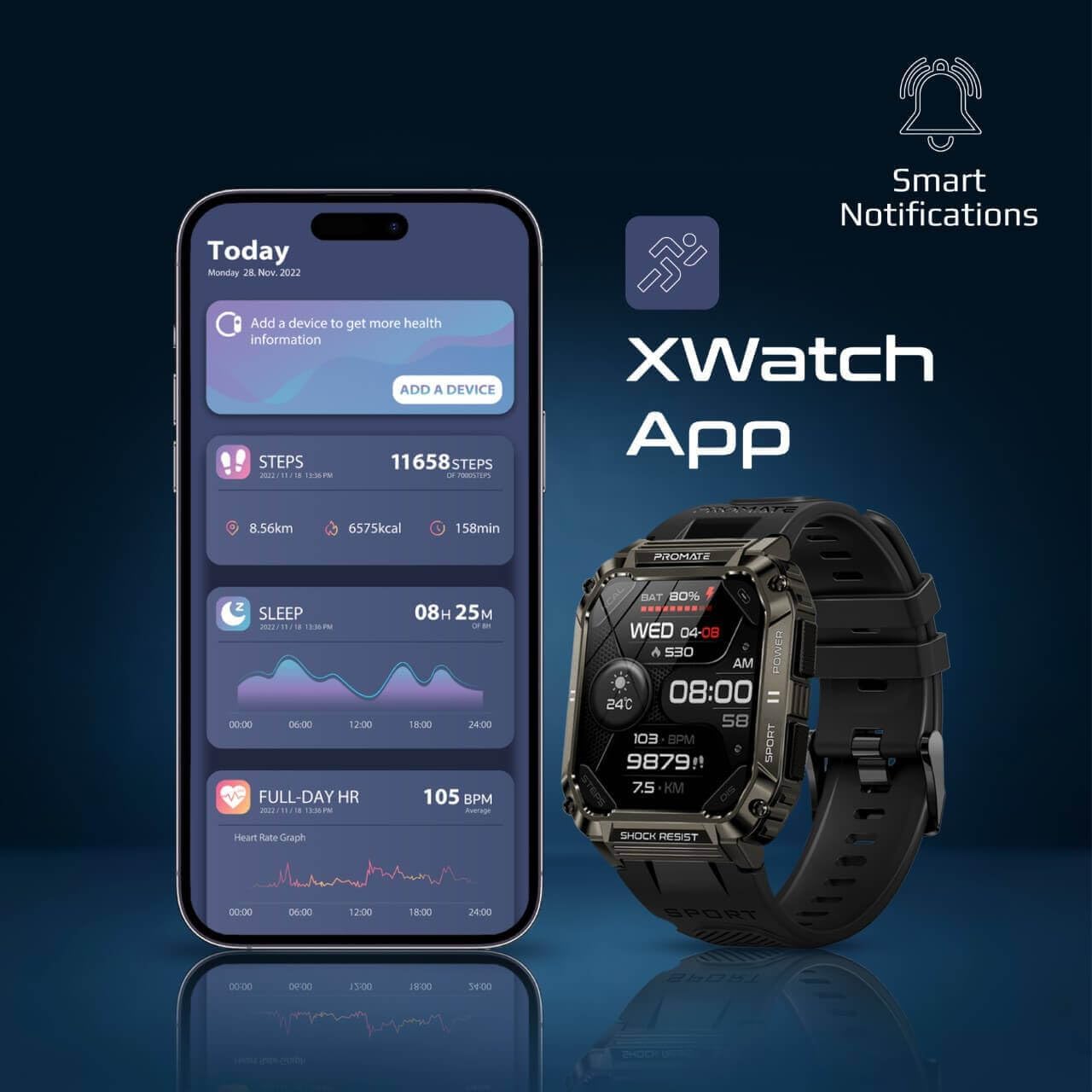 Promate Smart Watch, Rugged Bluetooth 5.1 Fitness Tracker with 1.95” TFT Display, 12 Day Battery Life, 100 Watch Faces, 100 Sports Modes and IP67 Water Resistance, XWatch-S19 - Black