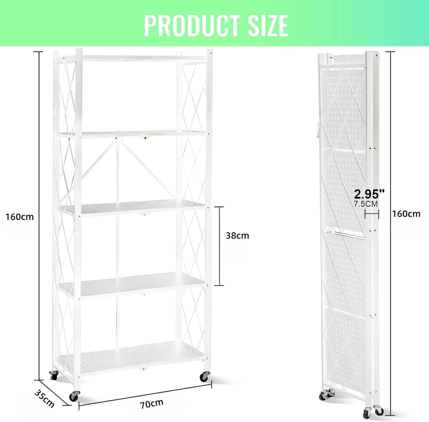 SKY-TOUCH Foldable Storage Organizer 5 Tier, Storage Shelves Kitchen Cabinet Storage Rack, Shelf Storage Multipurpose Rack for Living Room Bedroom Kitchen Garage Black 35x72x160.5cm