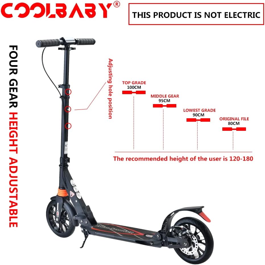 COOLBABY Two wheels Folding Kick Scooter for Adults Children Height Adjustable Aluminum Alloy Disc Brake