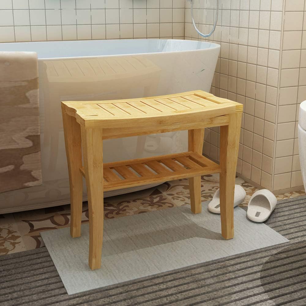 sogesfurniture Bamboo Shower Bench Seat, Bathroom Waterproof Shower Chair with Storage Shelf Organizer, Bathroom Bench Seat for Adults Elderly Seniors for Indoor or Outdoor Use, Bamboo