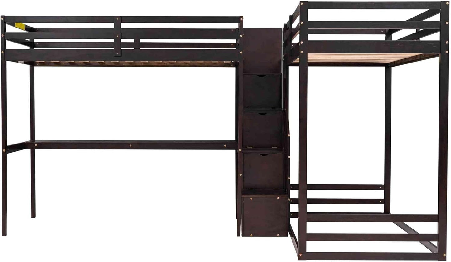 Cotoala Twin Size L-Shaped Bunk Bed and Loftbed with Built-in Middle Staircase, 3-in-1 Convertible Wood Bedframe w/Desk & Storage Case for Kids, Teens, No Spring Required Needed, Espresso