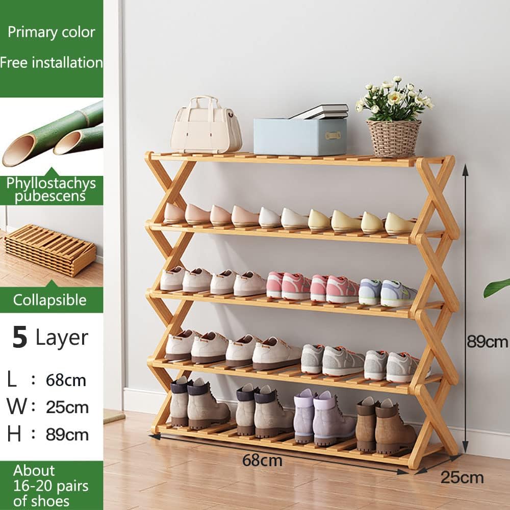 Foldable Shoe Rack Shoe Storage Cabinet Bamboo Shoe Shelf Portable and Dustproof for Living Room Entryway Hallway Shoe Organizer Balcony Flower Plant Stand (Wood, B-5Layer)