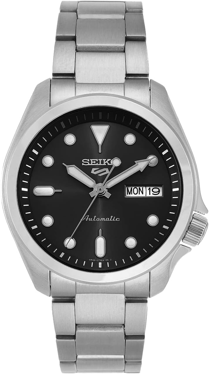 Seiko Sports Watch for Men, Automatic Movement, Analog Display, Silver Stainless Steel Strap-SRPE55K1, black, 40mm, bracelet