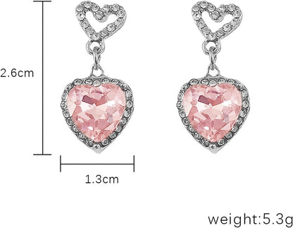 JAVARNV Heart Necklace Earrings Set for Valentine's Day Pink Rhinestone Necklace Earrings Jewelry Set Heart Crystal Pendant Necklace Gifts